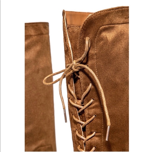 Tan Over The Knee Chunky Low Heel Lace Up Boots - Picture 3 of 9